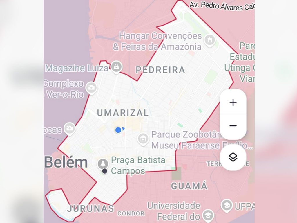 Área demarcada da cidade onde os patinetes elétricos estarão disponíveis para retirada em Belém (PA).