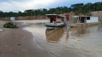 Caminhões e barcos da prefeitura de Cruzeiro do Sul transportando produtos agrícolas