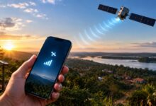 Dispositivo móvel com sinal de internet via satélite em área remota
