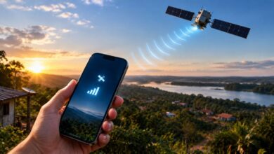 Dispositivo móvel com sinal de internet via satélite em área remota