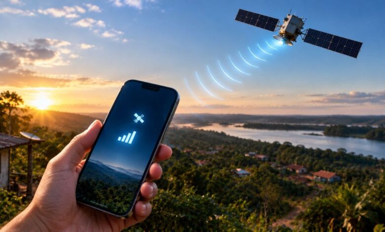 Dispositivo móvel com sinal de internet via satélite em área remota